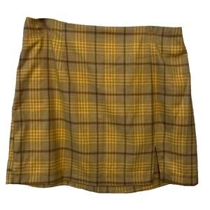 Yellow Plaid Mini Skirt Womens Vintage Style Checkered Side Slit Preppy